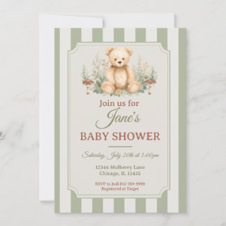 Teddybjörn Skogsregn Invitation Sagegrön Inbjudningar
