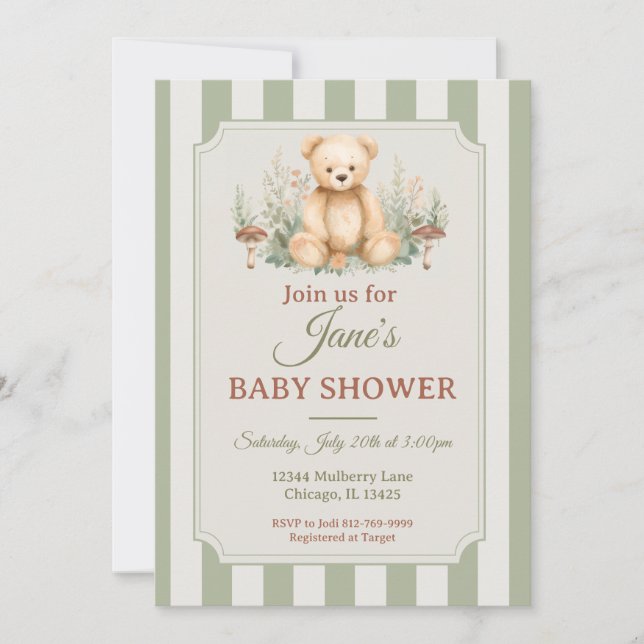 Teddybjörn Skogsregn Invitation Sagegrön Inbjudningar (Framsida)