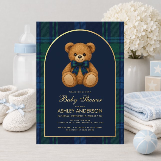 Teddybjörn Snygga Pojken Baby Shower Blå Rutig Båg Inbjudningar (Skapare uppladdad)