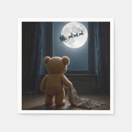 Teddybjörn som tittar på Tomte Klaus och renar Pappersservett