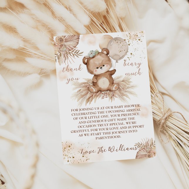 Teddybjörn Söt Beige Pampas Baby Shower  Tack Kort (Skapare uppladdad)
