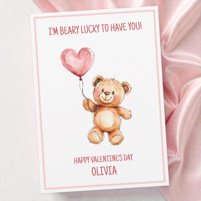 Teddybjörn Söta Barn Rosa Glad Alla Hjärtans Dag Julkort (Teddy Bear Cute Kids Pink Happy Valentine's Day Holiday Card)
