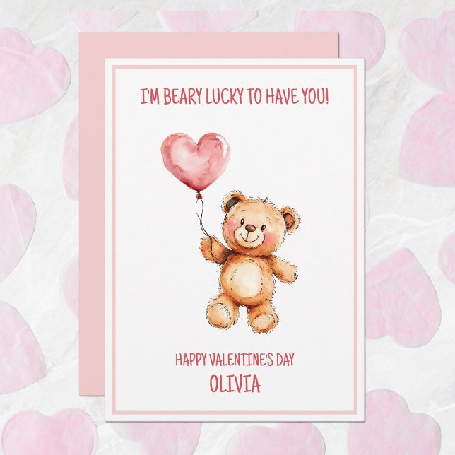 Teddybjörn söta barn rosa Glad Valentinesdag Julkort (Teddy Bear Cute Kids Pink Happy Valentine's Day Holiday Card)