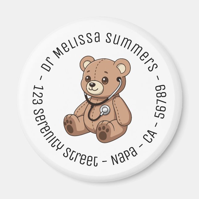 Teddybjörn Stetoskop Barnläkare Rund Text Magnet (Framsidan)
