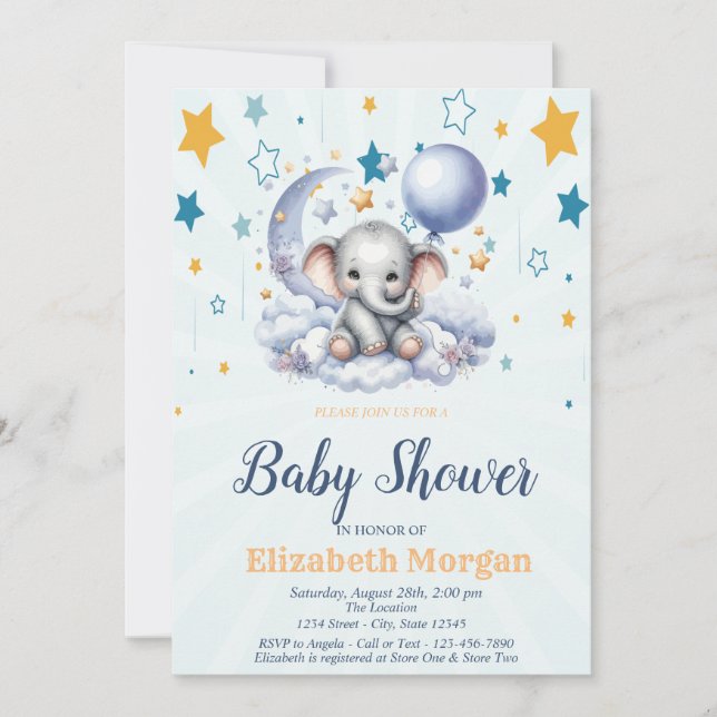 Teddybjörn, stjärnor molnbjörn ballong baby shower inbjudningar (Framsida)