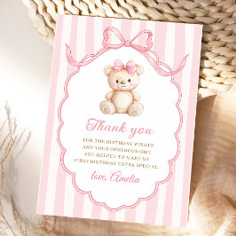 Teddybjörn tjejers rosa rosett ränder 1-års födels tack kort