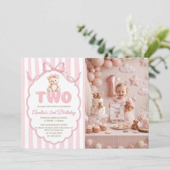 Teddybjörn tjejers rosa rosett ränder 2-års födels inbjudningar (Stående Fram)
