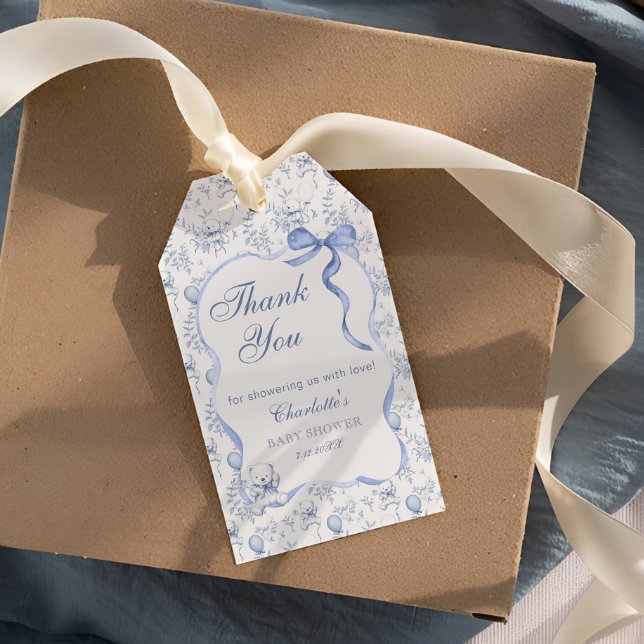 Teddybjörn Toile Baby Shower Tacksamhetspresent Ta Presentetikett (Skapare uppladdad)