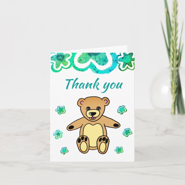 Teddybjörn Turkosa Blommor Bebis Bjudning Tack Kort (Framsida)