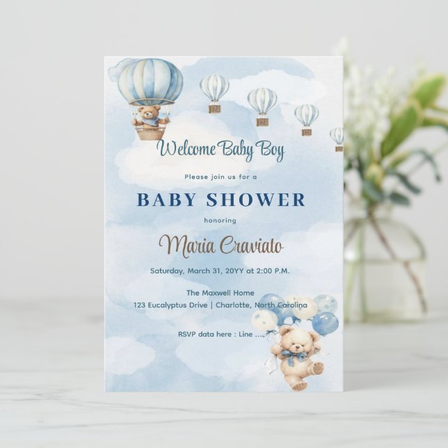 Teddybjörn Varmluftsballong Baby Shower Inbjudan (Stående Fram)