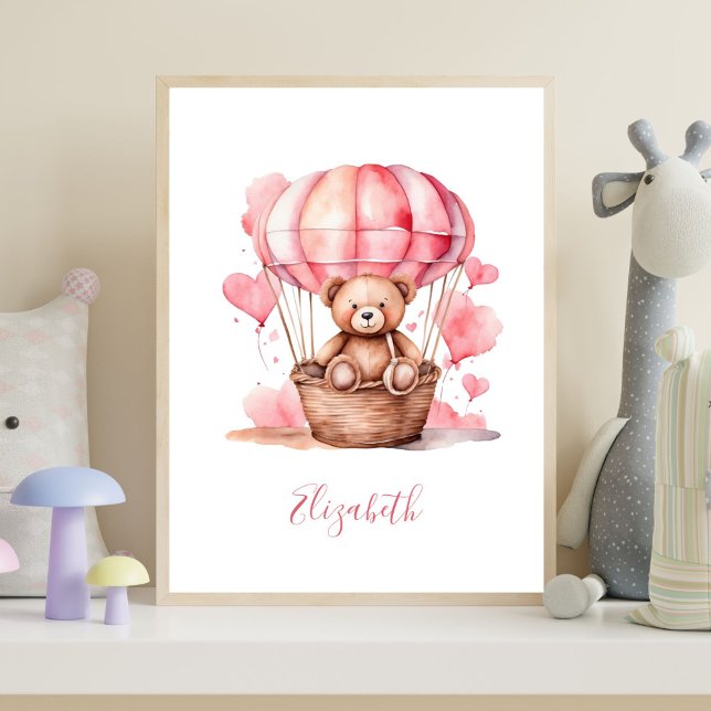 Teddybjörn varmluftsballong Rosa flickbarnkammare  Poster (Watercolor Pink Teddy Bear in Hot Air Balloon baby girl Nursery Wall Art. Add her name)