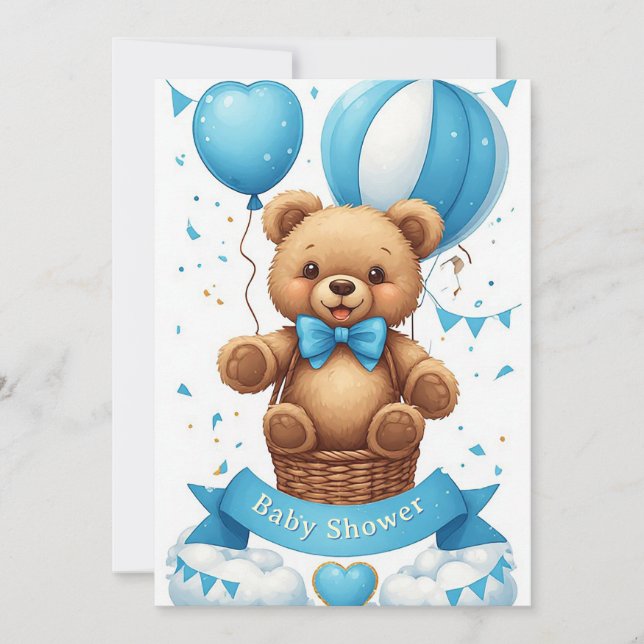 Teddybjörn varmluftsballong shower 🧸 inbjudningar (Framsida)