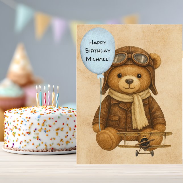 Teddybjörn Vintage Flygplan Födelsedag Whimsical Vykort (Skapare uppladdad)