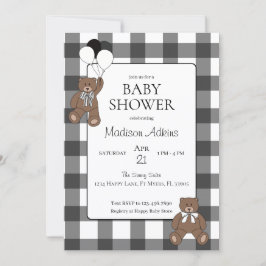 Teddybjörnar Svart Buffalo-ruta Baby Shower Inbjudningar