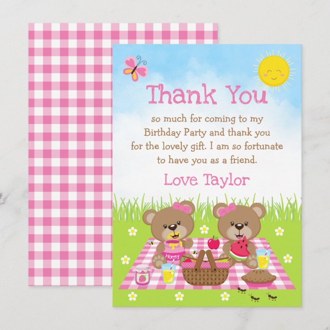 Teddybjörnarnas Picknick Födelsedag Rosa Gingham Tack Kort (Fram/baksida)