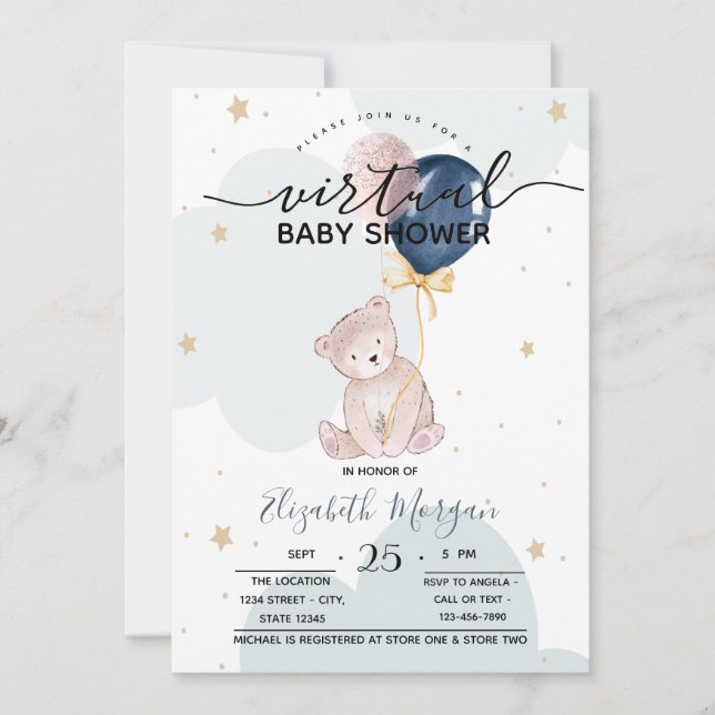 Teddybjörnballonger Baby Shower Inbjudningar (Framsida)