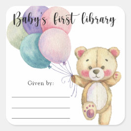 Teddybjörnballonger - baby's första bibliotek fyrkantigt klistermärke