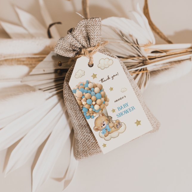 Teddybjörnballonger Blå Bebis Shower Tack  Presentetikett (Skapare uppladdad)
