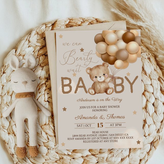 Teddybjörnballonger Knappast väntar Boho Baby Show Inbjudningar (Skapare uppladdad)