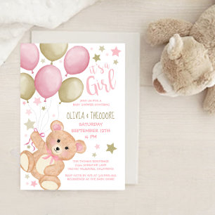 Teddybjörnballonger Rosa Guld Flickas Babyshower I Inbjudningar