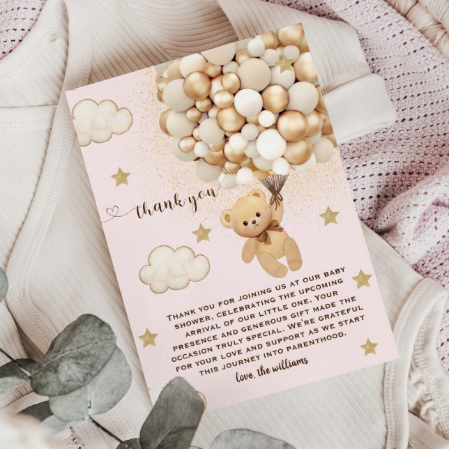 Teddybjörnballonger Rosa Guld Tan Tack Kort (Skapare uppladdad)