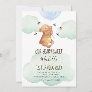 Teddybjörnbin Söta Småbarn 1-årsdag Inbjudningar