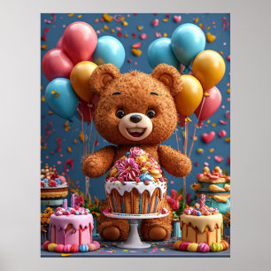 Teddybjörnens födelsedag med tårta och ballonger f poster