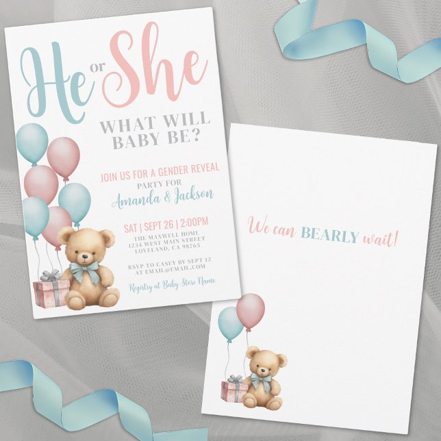 Teddybjörnens könsbyte inbjudningar (Teddy Bear Gender Reveal Invitation )
