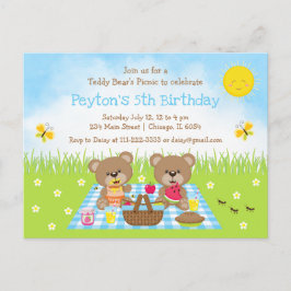 Teddybjörnens Picknick Blå Gingham Födelsedag Vykort