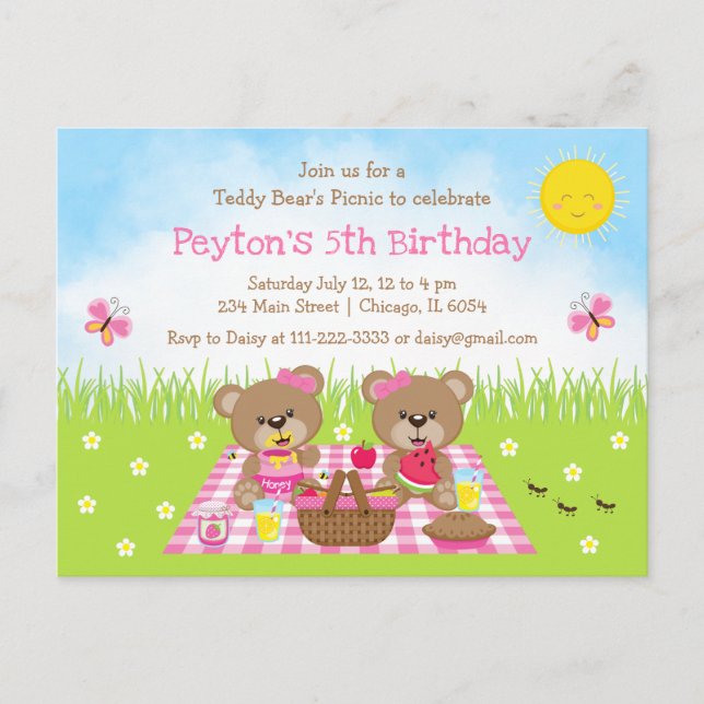 Teddybjörnens Picknick Rosa Rutig Födelsedagsfest Vykort (Framsida)