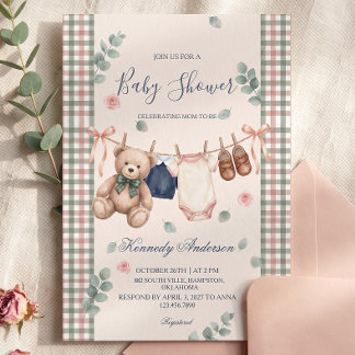 Teddybjörnrandig baby shower-inbjudan inbjudningar