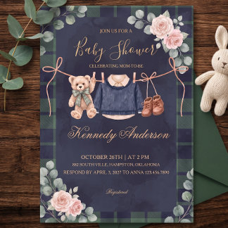 Teddybjörnrandig baby shower-inbjudan inbjudningar