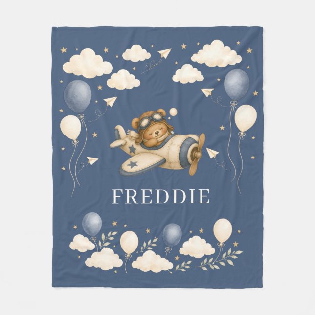 Teddybjörnspilot Äventyr Blå Fleecefilt (Framsidan)