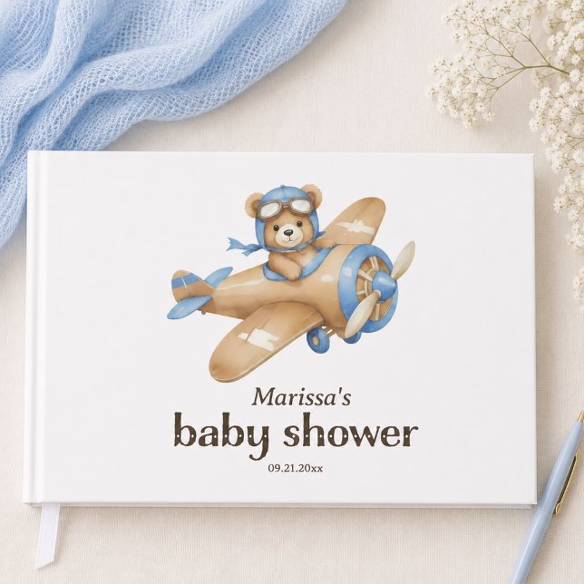 Teddybjörnspilot Baby Boy Förlossningsfest Gästböcker (cute whimsical teddy bear pilot baby boy shower personalized guest book)
