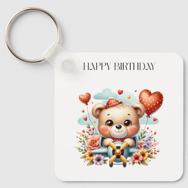 Teddybjörnspilot Födelsedag Nyckelring (Framsida)