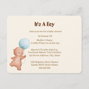 Teddybjörnspojke Baby Shower-kort inbjudan