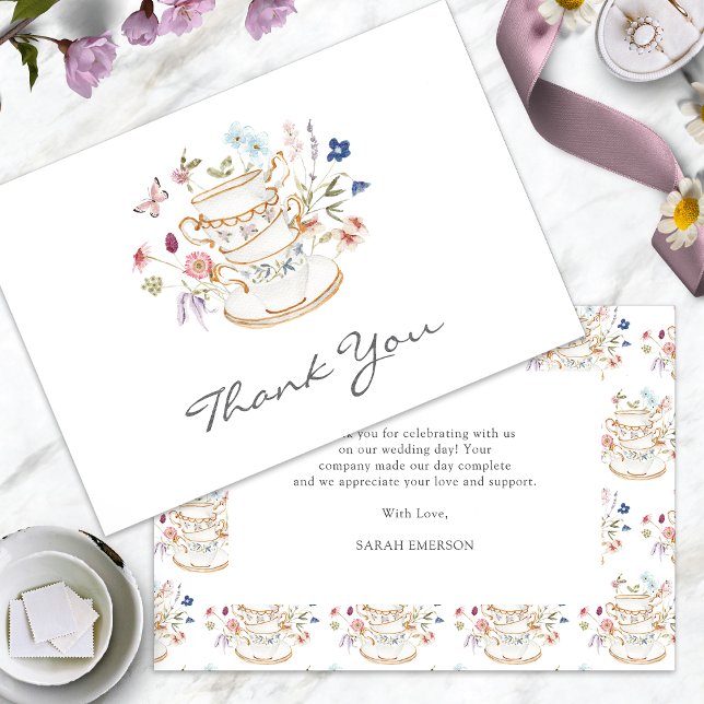 Tedrickning Bröllopsdusch Tack Kort (Floral Tea Party Bridal Shower Thank You Card with Butterfly by Painted Paperie
)
