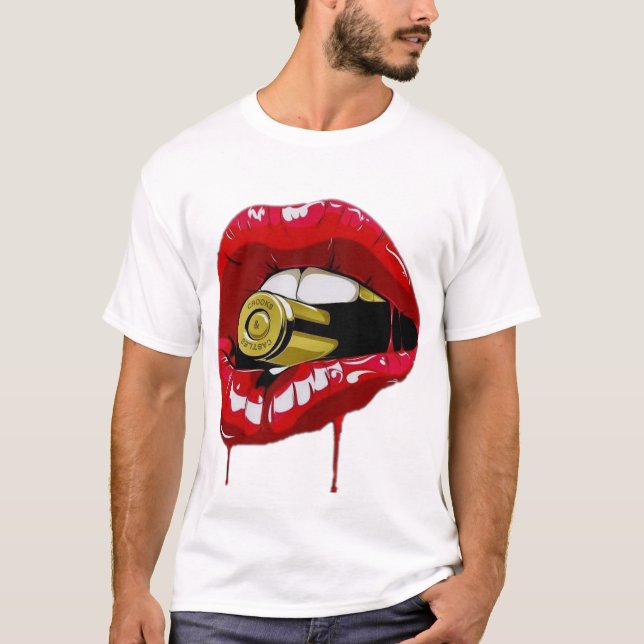 Tee Red Läppar Teeth Guld Bullet Yell T-Shirt (Framsida)