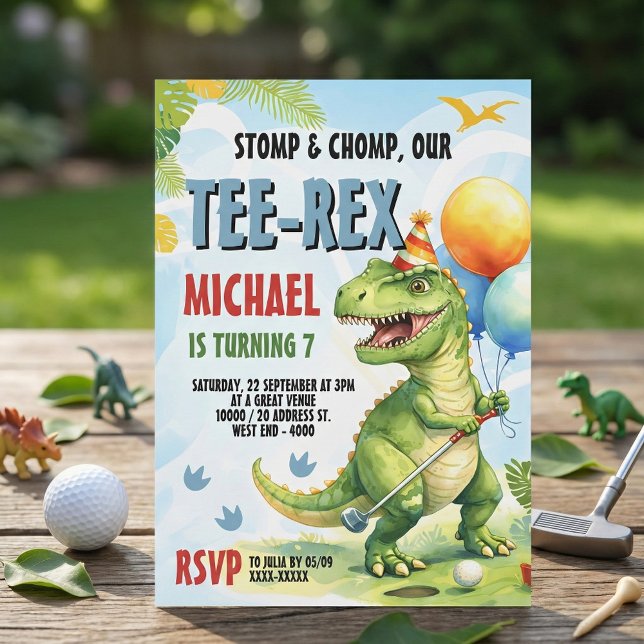 Tee-Rex Golf Dinosaur Mini Golf Birthday Party Inbjudningar (Swing into action with this adorable "Tee-Rex" golf birthday party invitation! )