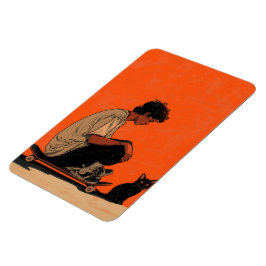 Teenager sitting on skateboard and next to his cat magnet