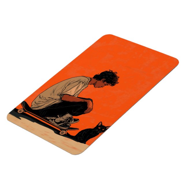 Teenager sitting on skateboard and next to his cat magnet (Vänstra Sidan)