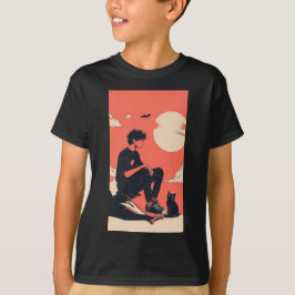 Teenager sitting on skateboard and next to his cat t shirt