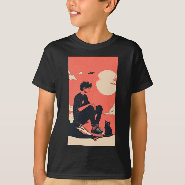 Teenager sitting on skateboard and next to his cat t shirt (Framsida)