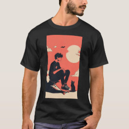 Teenager sitting on skateboard and next to his cat t shirt