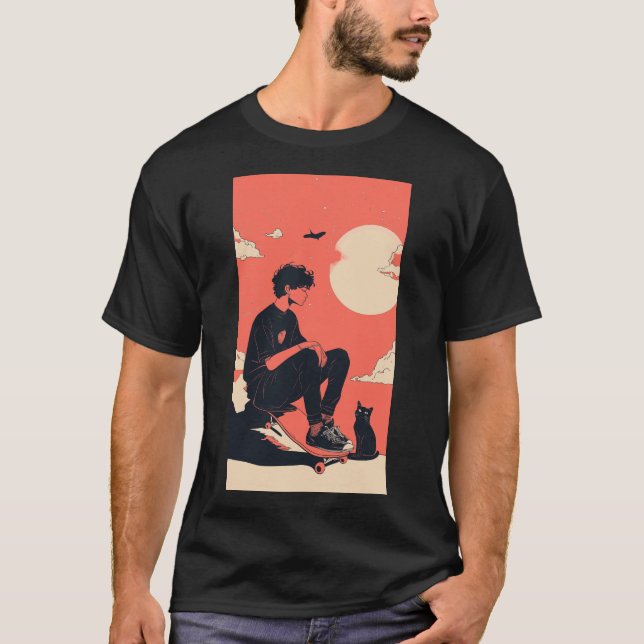 Teenager sitting on skateboard and next to his cat t shirt (Framsida)