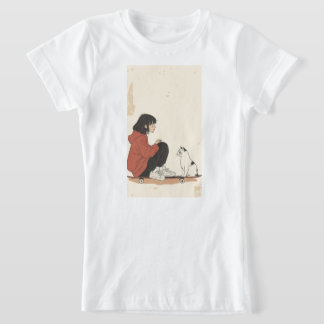 Teenager sitting on skateboard and next to his cat t shirt