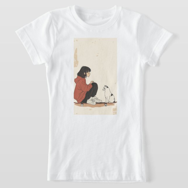 Teenager sitting on skateboard and next to his cat t shirt (Laydown)