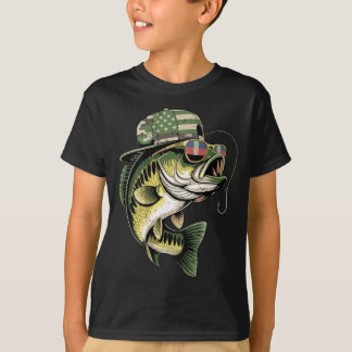 Teens boy camo bass fishing american flag fishing t shirt