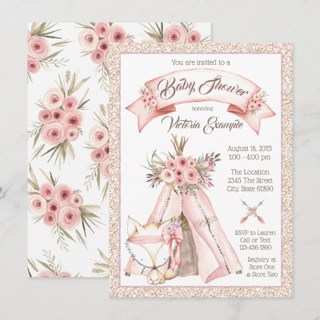 TeePee Fox Baby Shower-inbjudningar Inbjudningar (Fram/baksida)