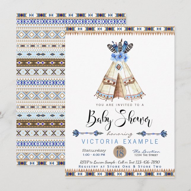 Teepee-indianska baby shower-inbjudningar inbjudningar (Fram/baksida)
